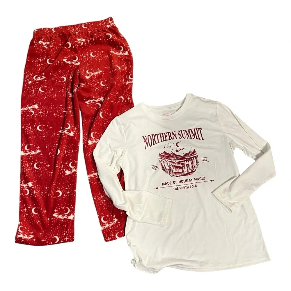 NWT Cat & Jack Boys 2pc Long-Sleeve Pajama Set- Cream and Red XL(14)
